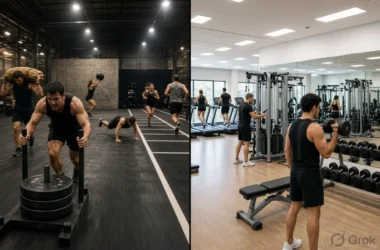 Hyrox vs traditional gym workouts comparison showing athletes training in a fitness center