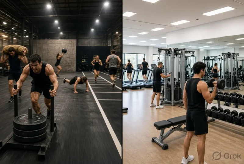 Hyrox vs traditional gym workouts comparison showing athletes training in a fitness center