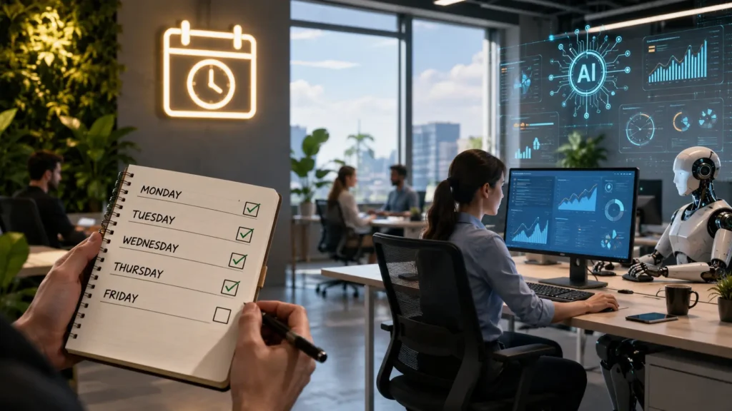 Illustration representing AI technology and four-day workweek concept
