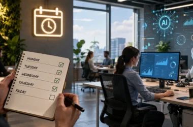 Illustration representing AI technology and four-day workweek concept