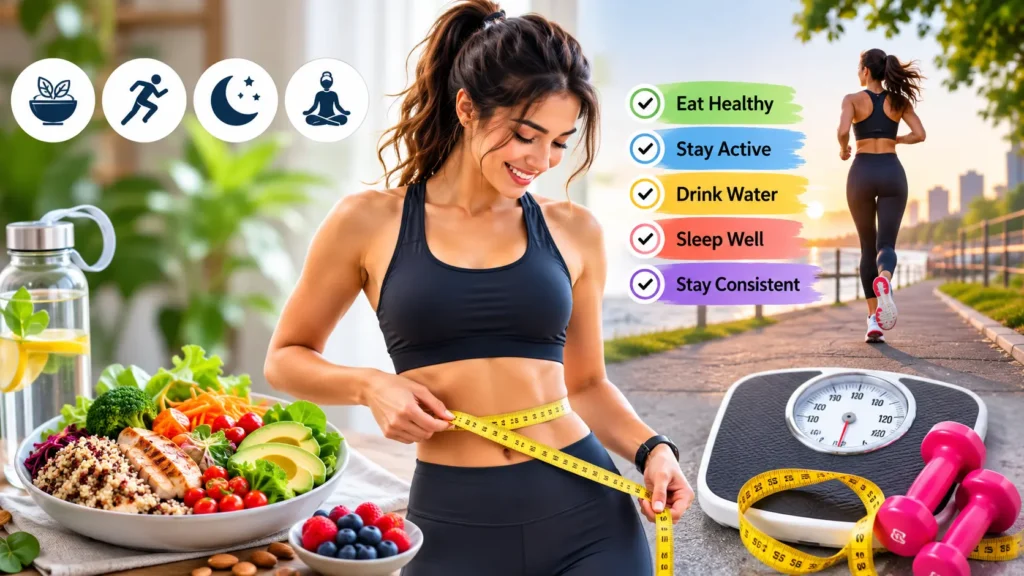 A woman preparing a healthy meal with a weight loss checklist and fitness icons.