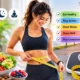 A woman preparing a healthy meal with a weight loss checklist and fitness icons.
