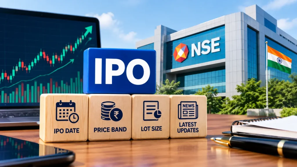 NSE IPO 2026 banner showing stock exchange building and investment growth chart