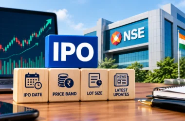 NSE IPO 2026 banner showing stock exchange building and investment growth chart