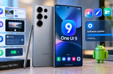 One UI 9 for Galaxy S26 Ultra update banner, displaying the One UI 9 logo and features like My FanCam, Now Brief, and Android 17, as shown on Pressalith.
