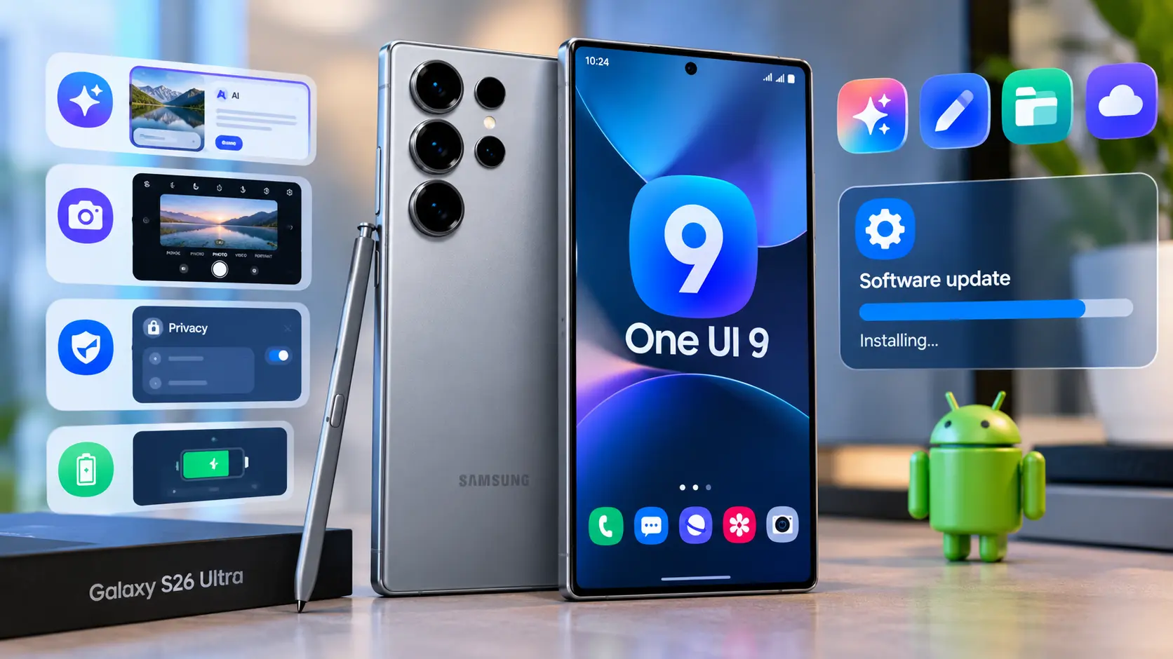 One UI 9 for Galaxy S26 Ultra update banner, displaying the One UI 9 logo and features like My FanCam, Now Brief, and Android 17, as shown on Pressalith.