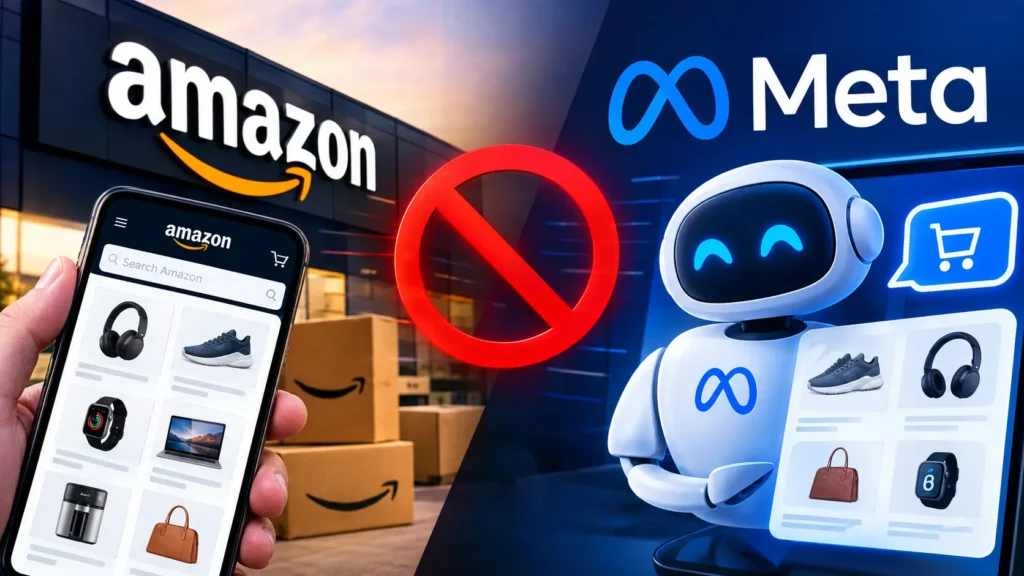 Amazon vs Meta Muse logo illustration representing the AI shopping bot dispute