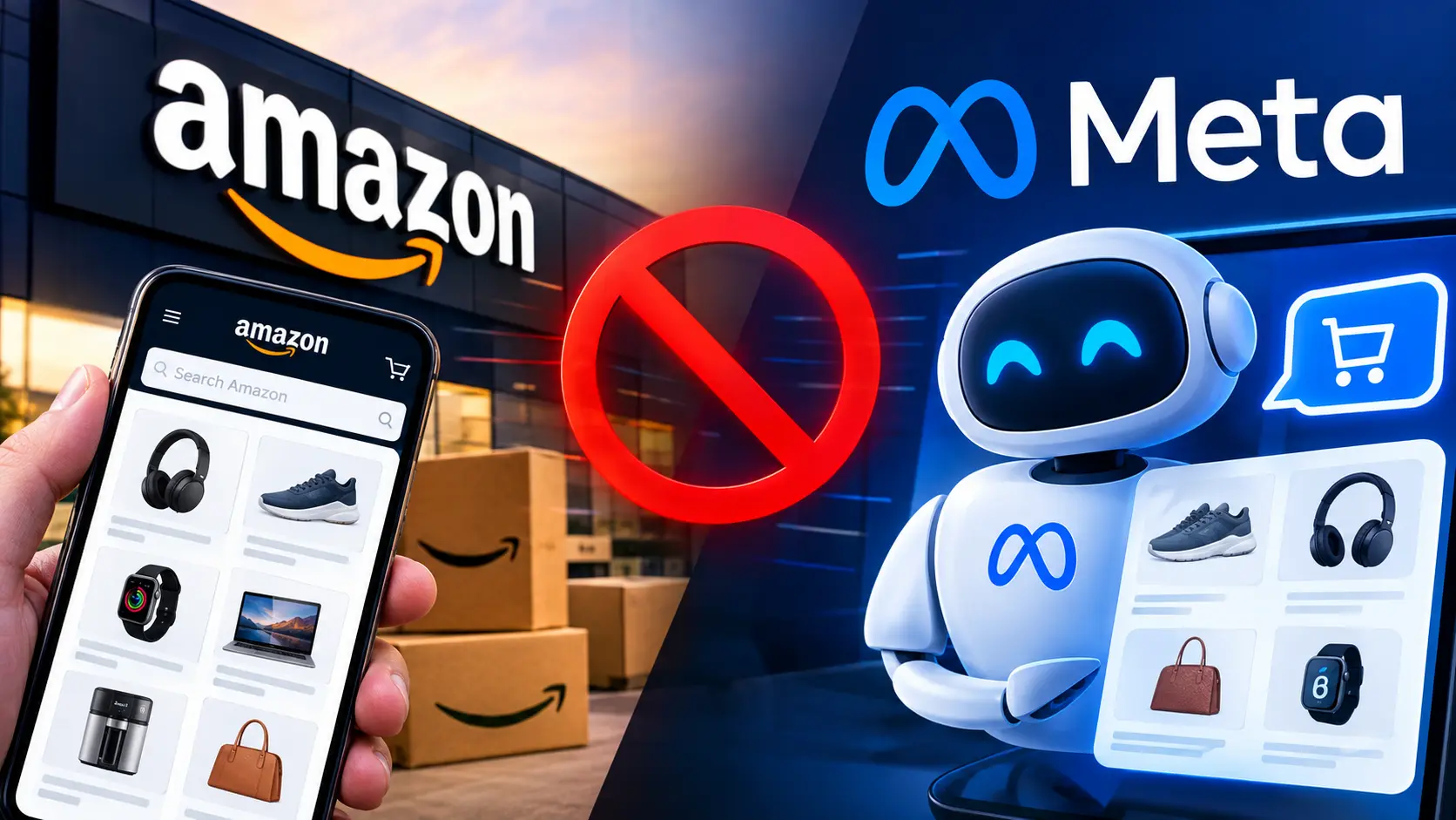 Amazon vs Meta Muse logo illustration representing the AI shopping bot dispute