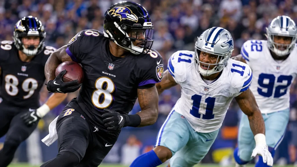Ravens vs Cowboys Score & Recap action shot during NFL game in Rio