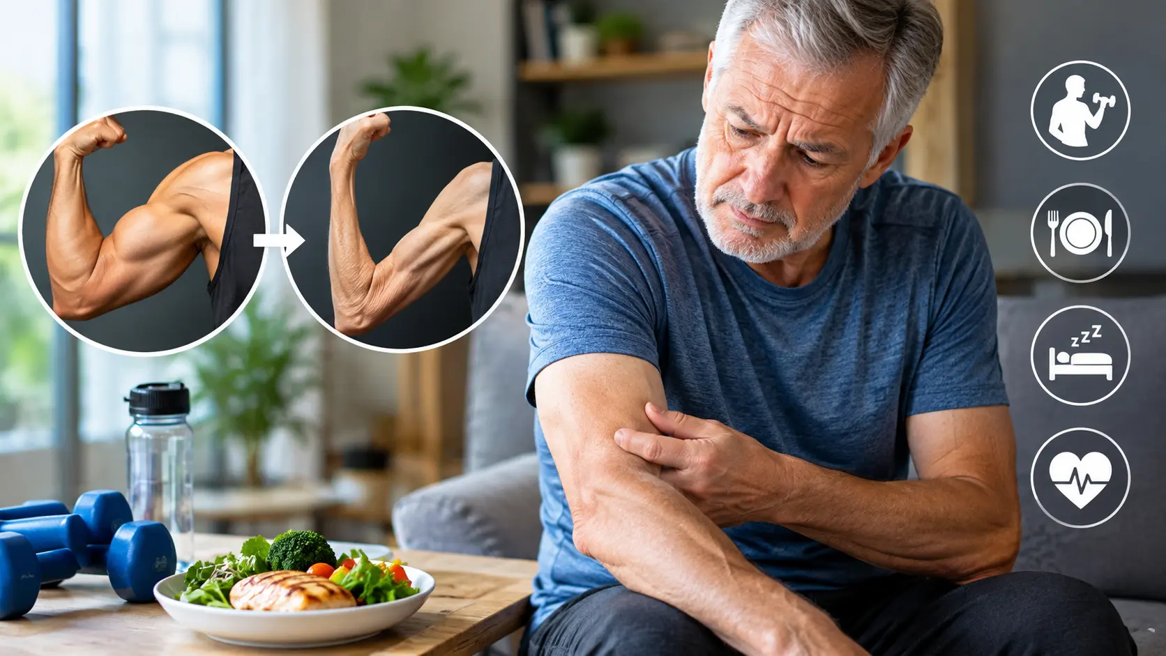 An older man holding his arm showing muscle loss in ageing adults