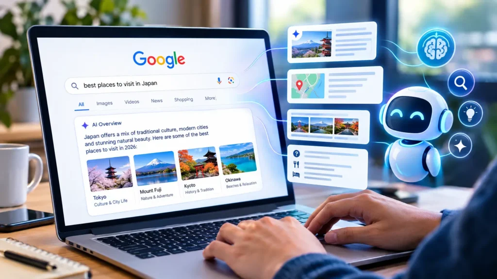 Illustration showing how is AI changing Google Search in 2026 with AI Overviews and AI Mode