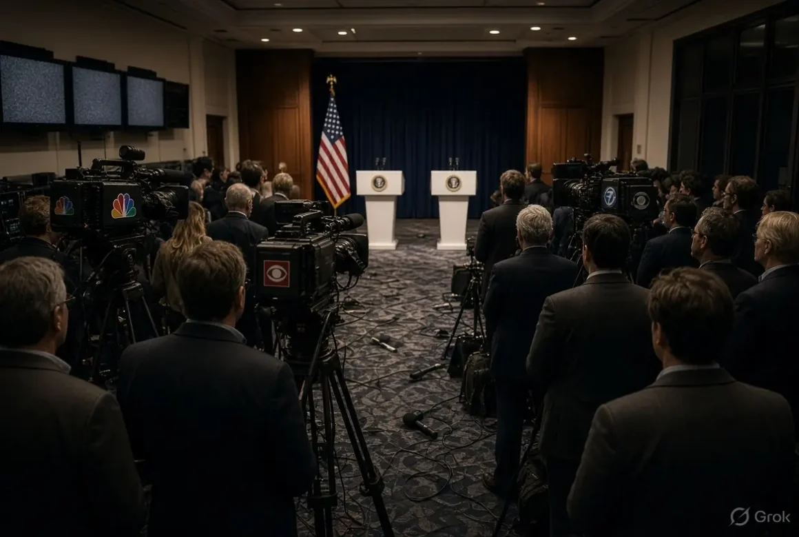 White House press pool room during the TV networks revolt against presidential coverage restrictions