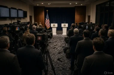 White House press pool room during the TV networks revolt against presidential coverage restrictions